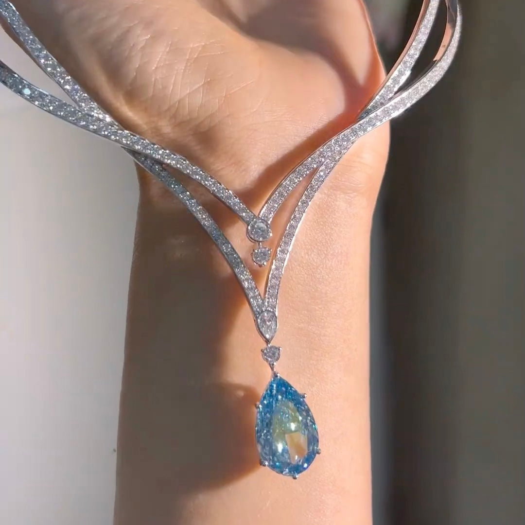 ANSTER 18K Gold Jewelry 10ct Pear Cut Fancy Blue Lab Grown Diamond Necklace with IGI