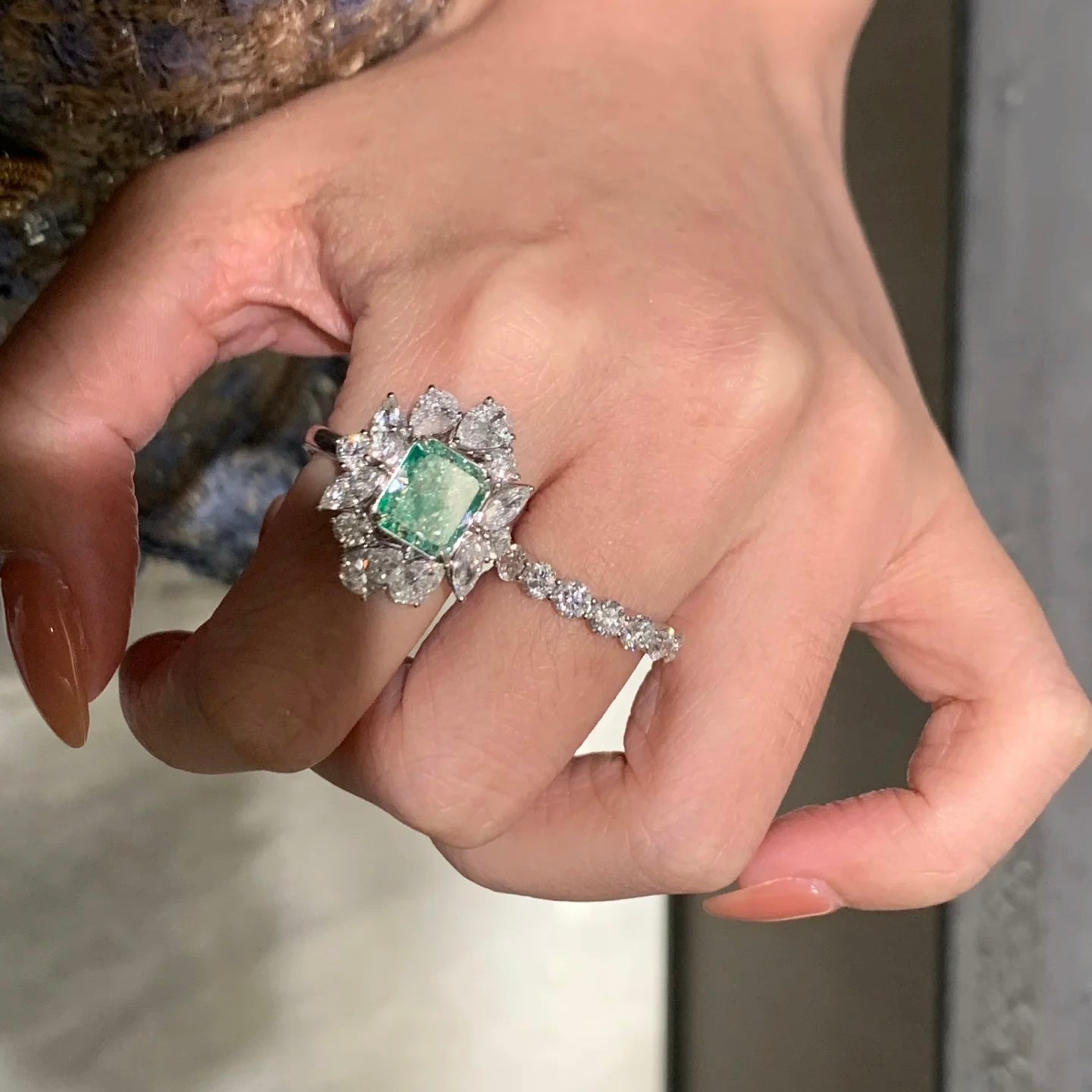 ANSTER Platinum Jewelry PT950 Ring 3ct VS1 Fancy Green Lab Grown Diamond Ring with IGI