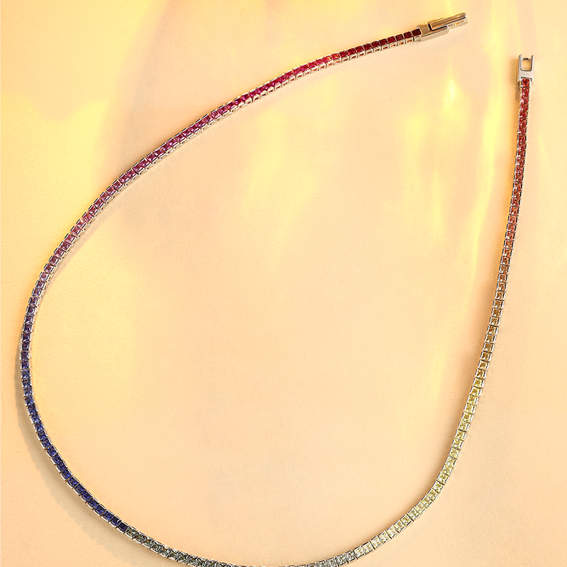 ANSTER Jewelry Rainbow Lab Grown Sapphire Platinum PT950 Tennis Necklace