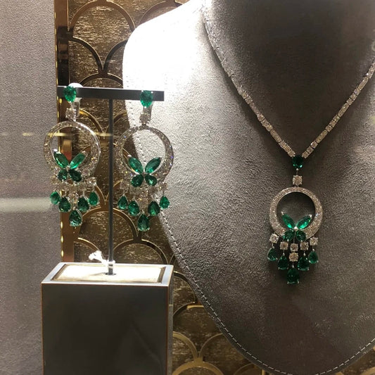 ANSTER Jewelry 18K Gold Jewelry Sets Lab Grown Emerald Earrings and Necklace with GIA