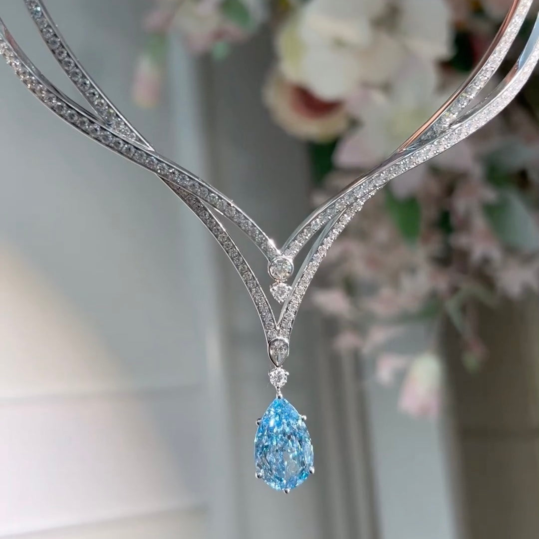 ANSTER 18K Gold Jewelry 10ct Pear Cut Fancy Blue Lab Grown Diamond Necklace with IGI
