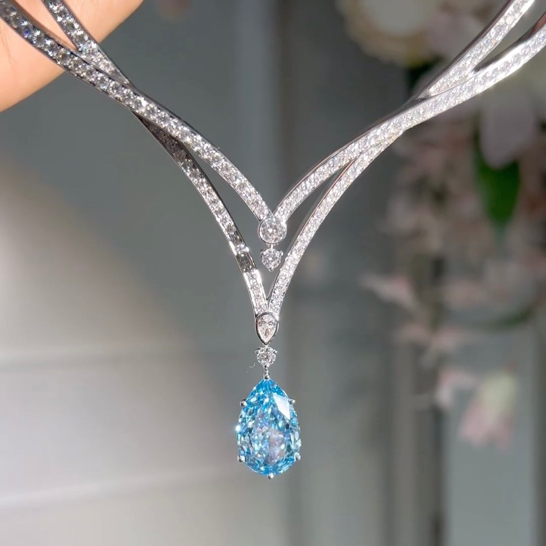 ANSTER 18K Gold Jewelry 10ct Pear Cut Fancy Blue Lab Grown Diamond Necklace with IGI
