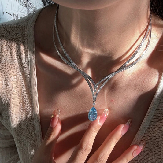 ANSTER 18K Gold Jewelry 10ct Pear Cut Fancy Blue Lab Grown Diamond Necklace with IGI