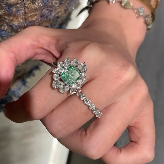 ANSTER Platinum Jewelry PT950 Ring 3ct VS1 Fancy Green Lab Grown Diamond Ring with IGI