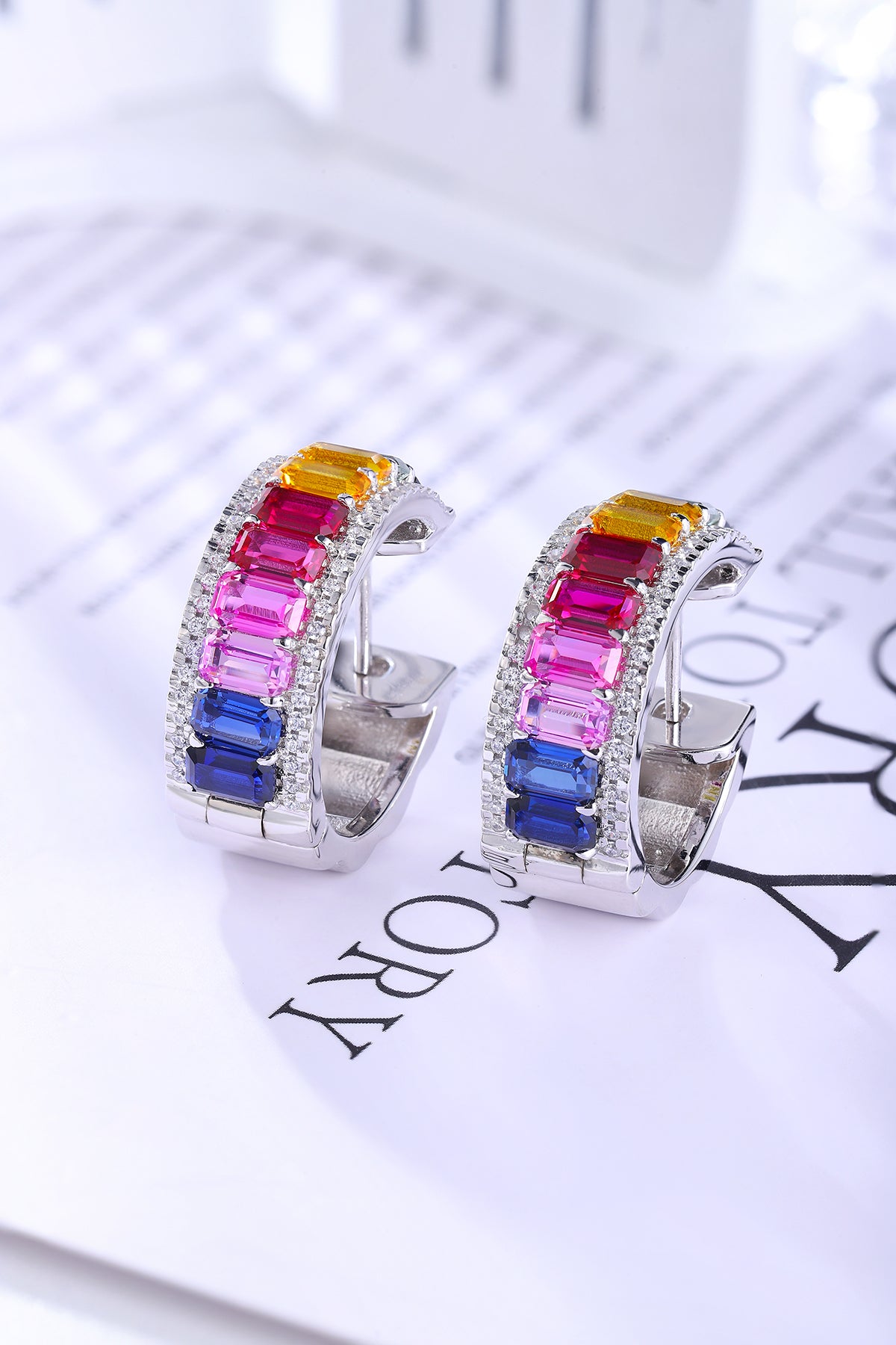 ANSTER Jewelry 6.8 CTW Victorian Rainbow Lab Grown Gemstone PT950 Platinum Earrings plated