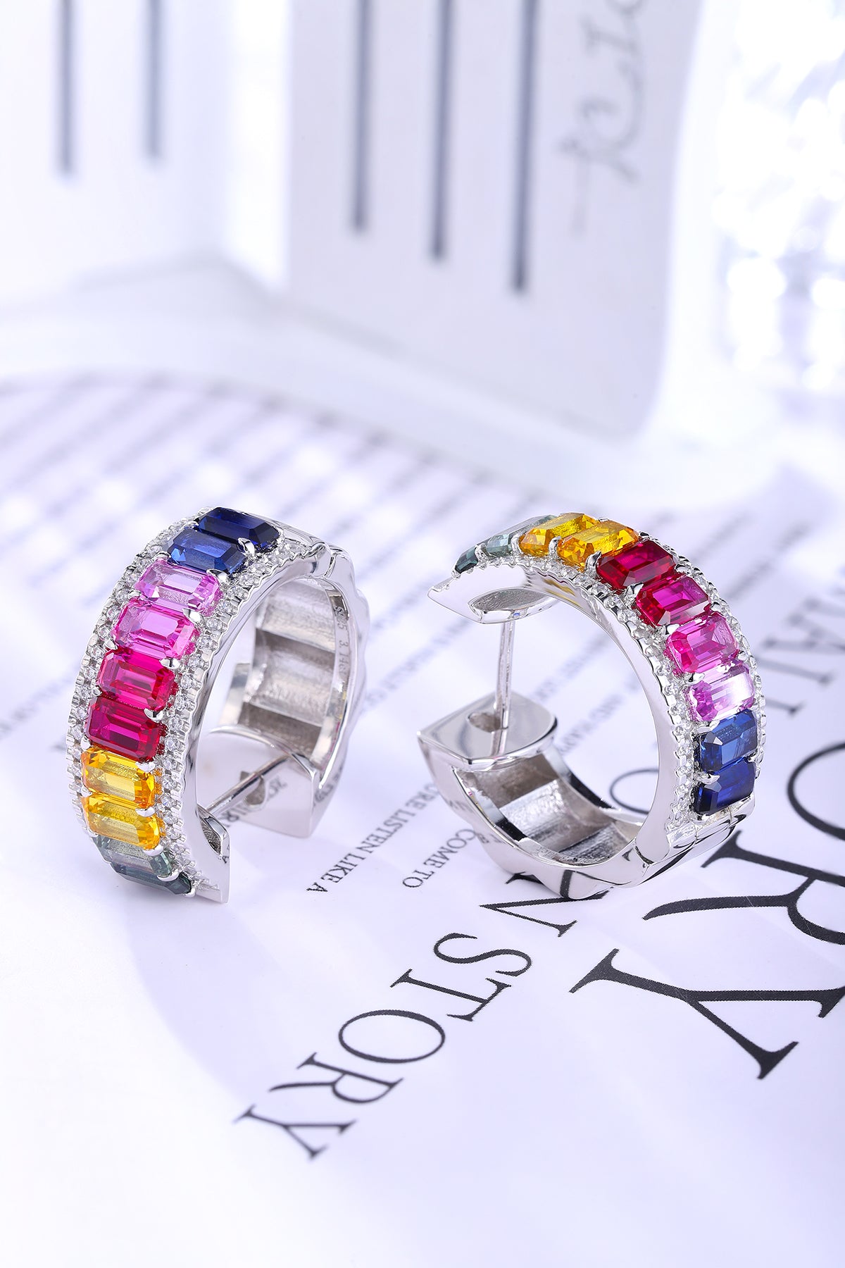 ANSTER Jewelry 6.8 CTW Victorian Rainbow Lab Grown Gemstone PT950 Platinum Earrings plated