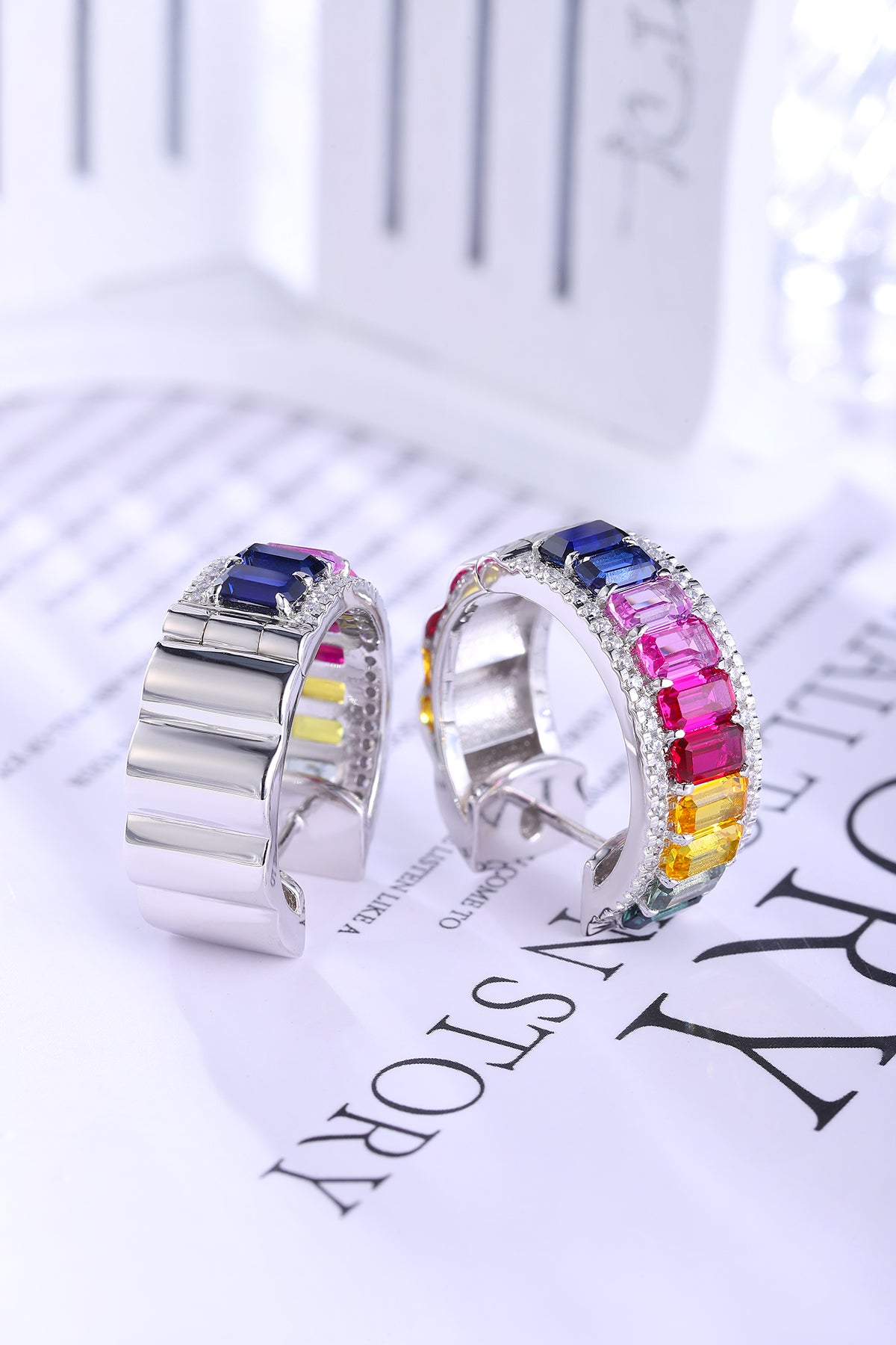 ANSTER Jewelry 6.8 CTW Victorian Rainbow Lab Grown Gemstone PT950 Platinum Earrings plated