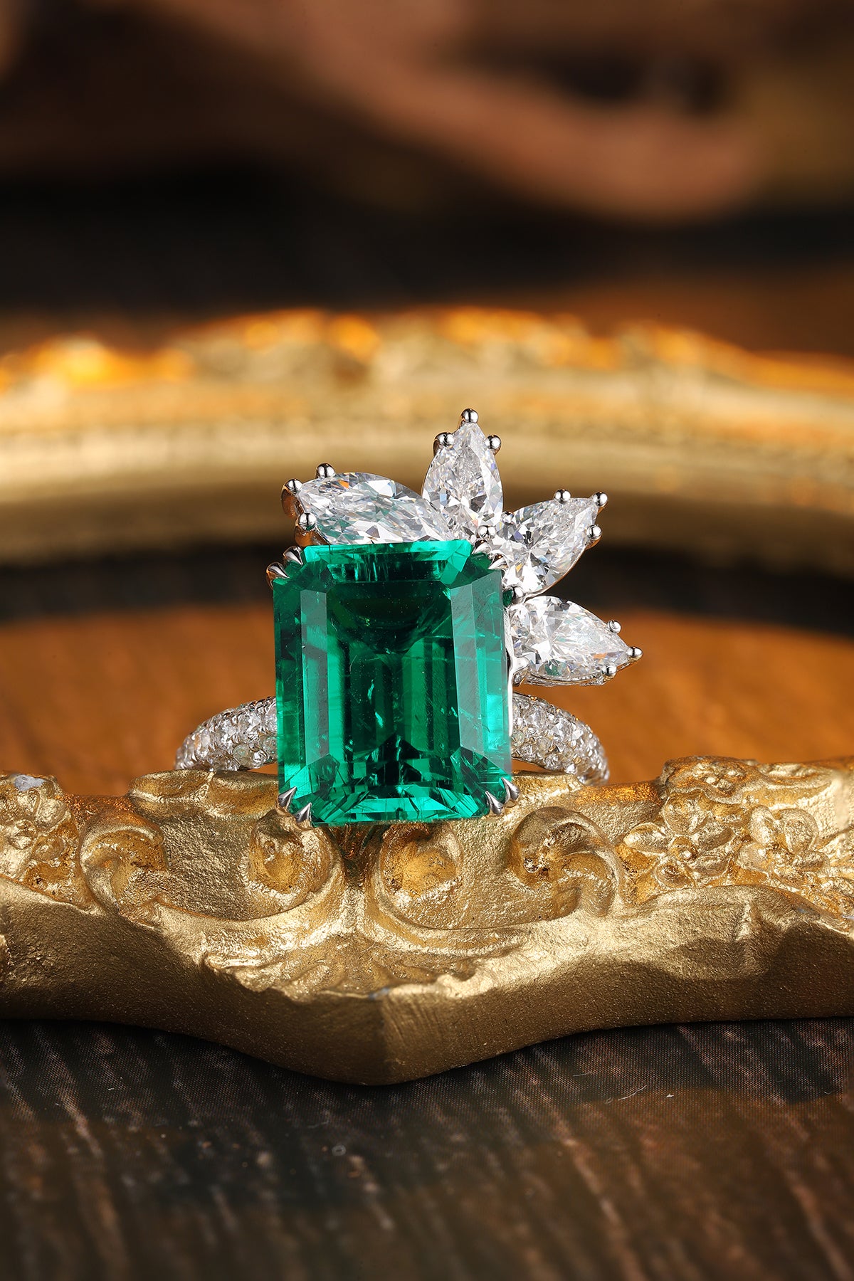 ANSTER JEWELRY 6.7 CTW Princess Lab Grown Emerald 18K Gold Ring