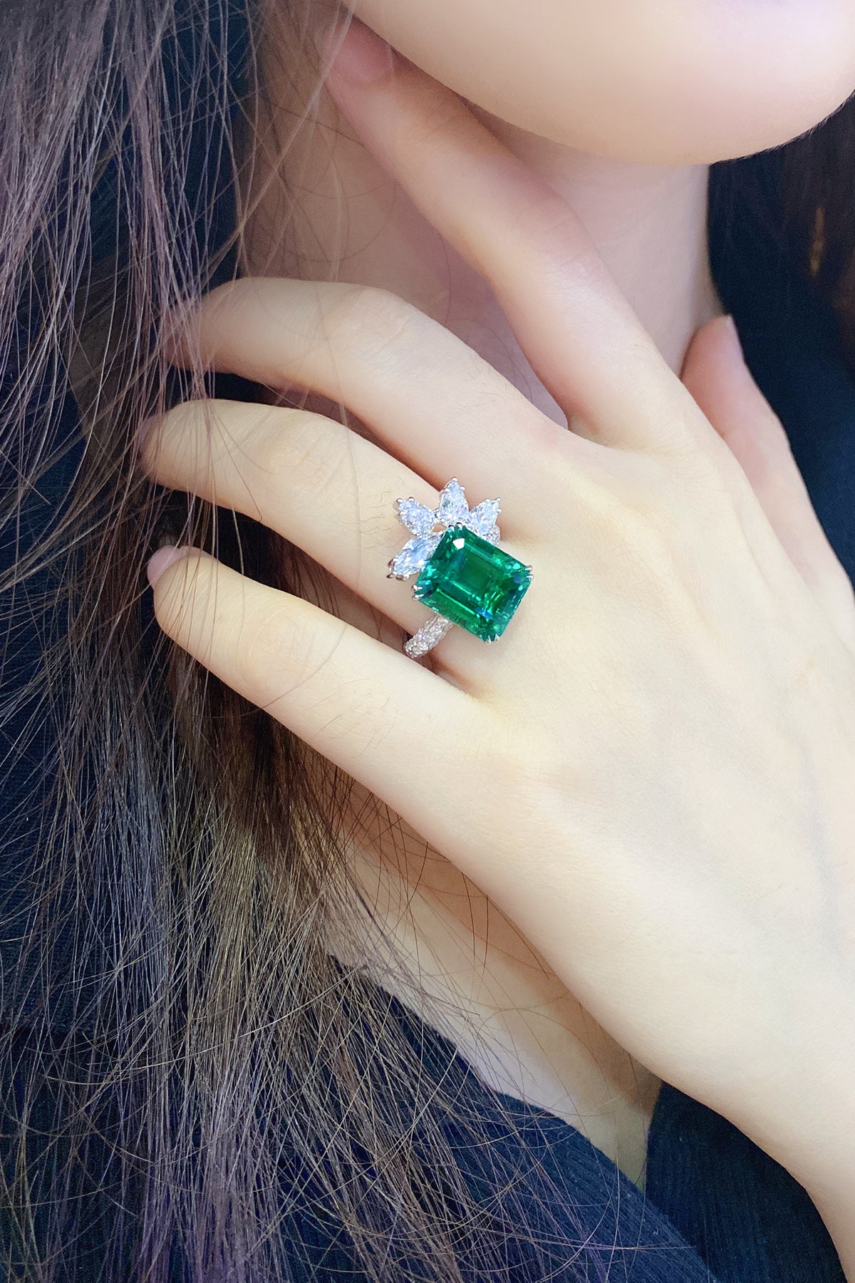 ANSTER JEWELRY 6.7 CTW Princess Lab Grown Emerald 18K Gold Ring