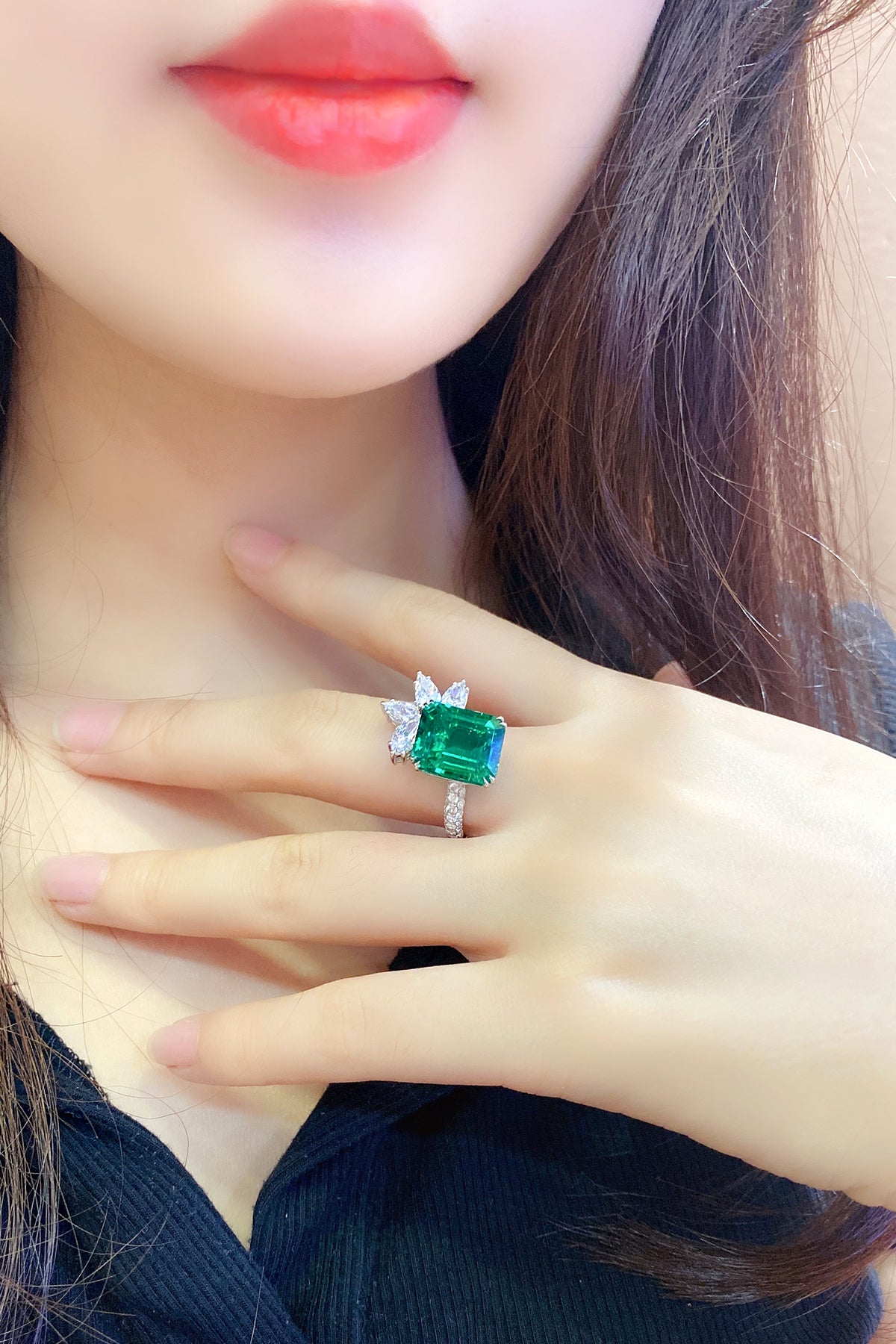 ANSTER JEWELRY 6.7 CTW Princess Lab Grown Emerald 18K Gold Ring