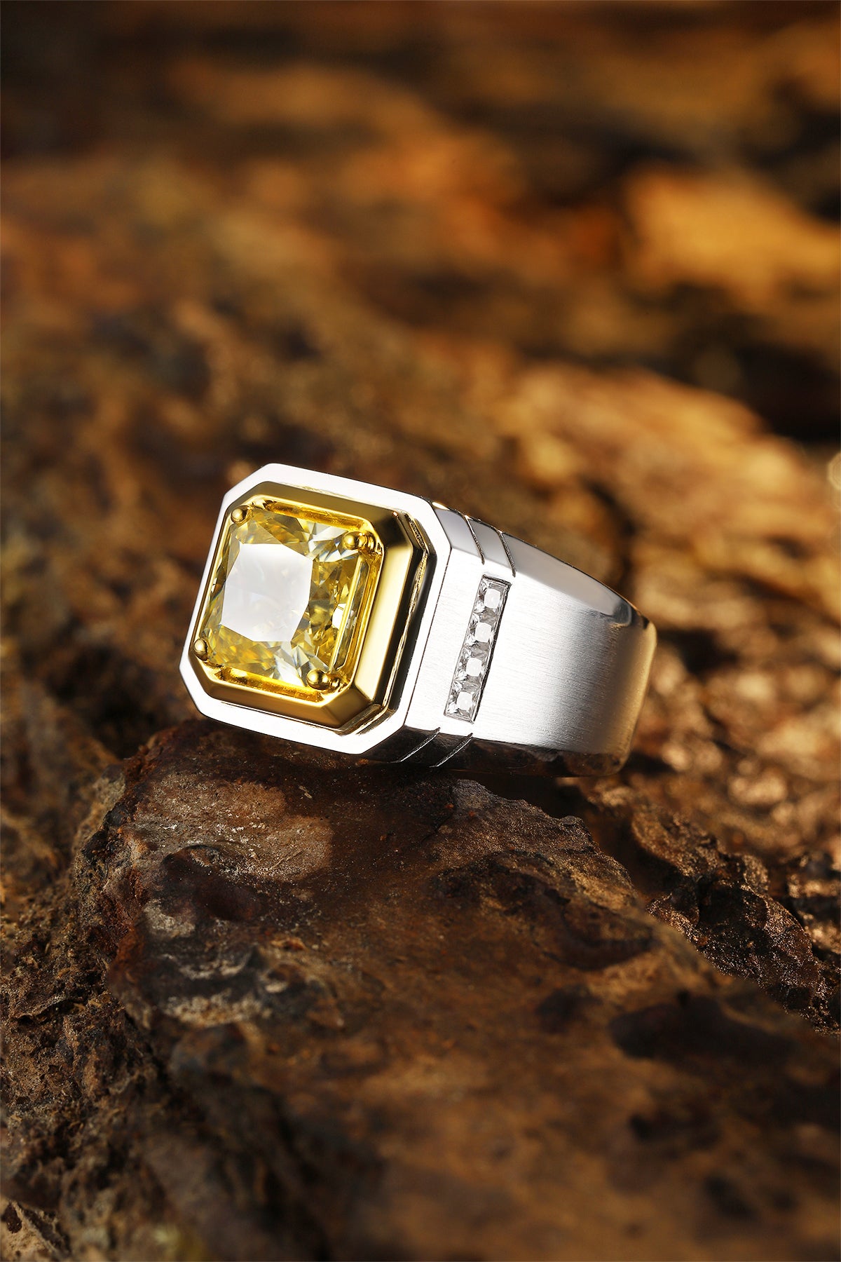 ANSTER JEWELRY 3.5 CT Asscher Cut PT950 Platinum Fancy Yellow Lab Grown Diamond Men Ring