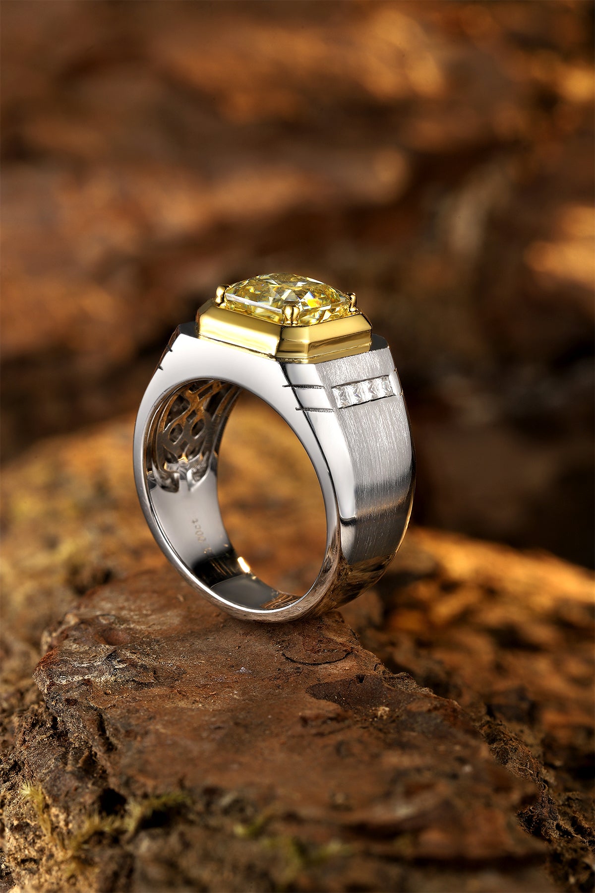ANSTER JEWELRY 3.5 CT Asscher Cut PT950 Platinum Fancy Yellow Lab Grown Diamond Men Ring