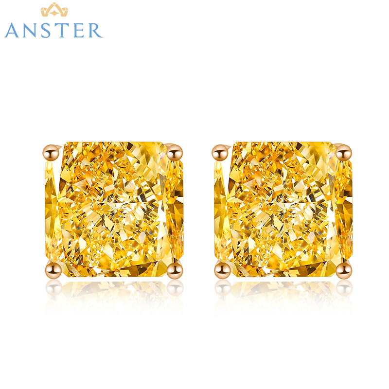 ANSTER Jewelry 18K Gold IGI 6ct Square Cut Lab Grown Yellow Diamond Earrings