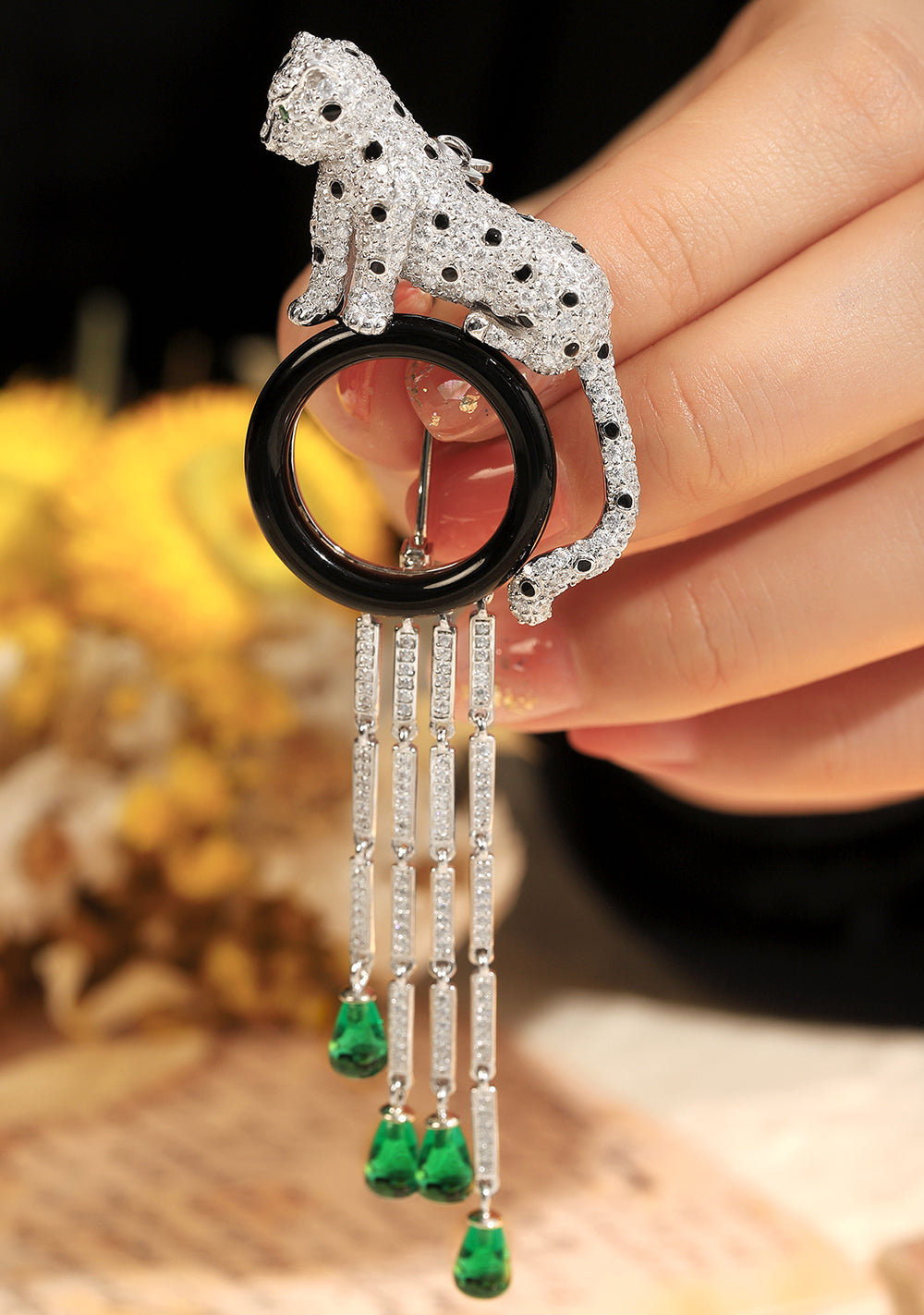 ANSTER JEWELRY Leopard Gemstone 18K Gold Brooch with Tassels