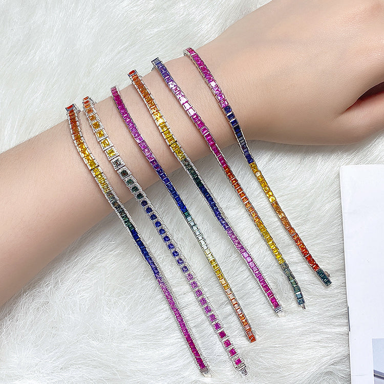 ANSTER JEWELRY Rainbow Gemstone Tennis Chain Platinum PT950 Lab Grown Bracelet