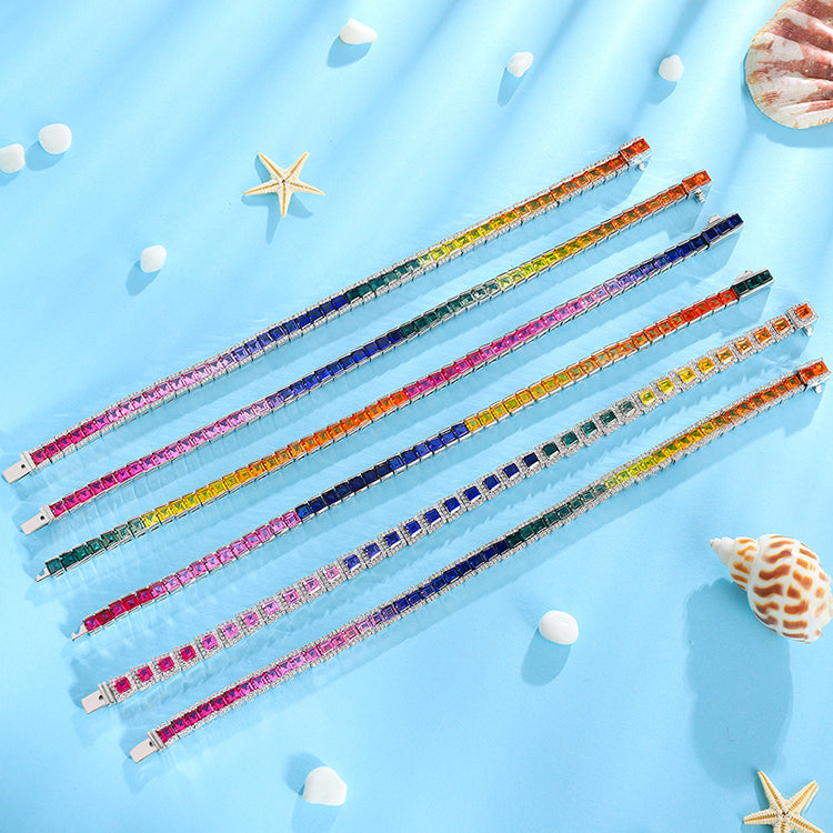 ANSTER JEWELRY Rainbow Gemstone Tennis Chain Platinum PT950 Lab Grown Bracelet