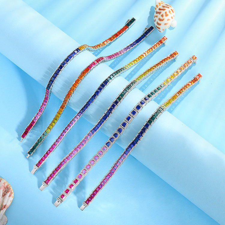 ANSTER JEWELRY Rainbow Gemstone Tennis Chain Platinum PT950 Lab Grown Bracelet