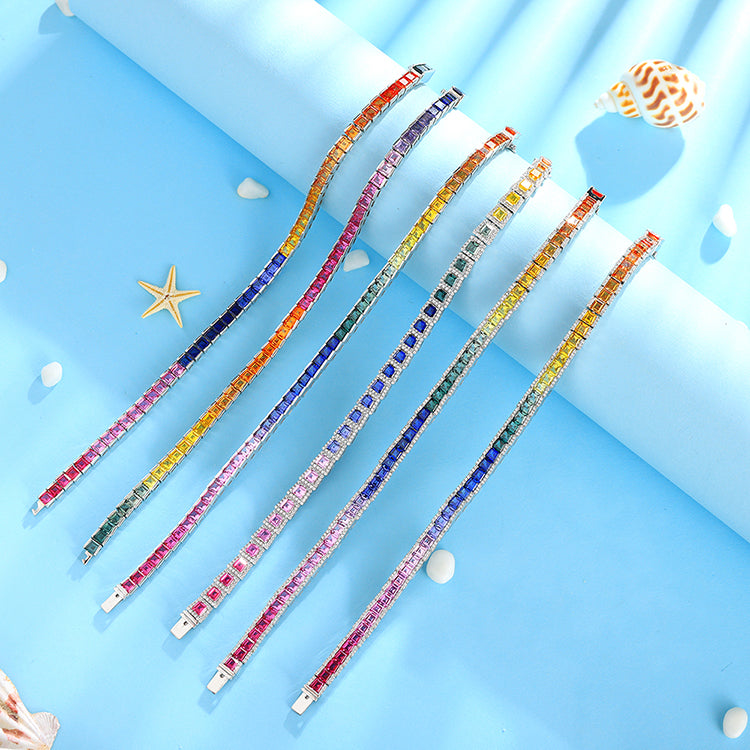 ANSTER JEWELRY Single Row Halo Rainbow Gemstone Tennis Platinum PT950 Lab Grown Bracelet