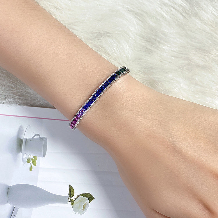 ANSTER JEWELRY Multi Color Rainbow Gemstone Tennis Platinum PT950 Lab Grown Bracelet