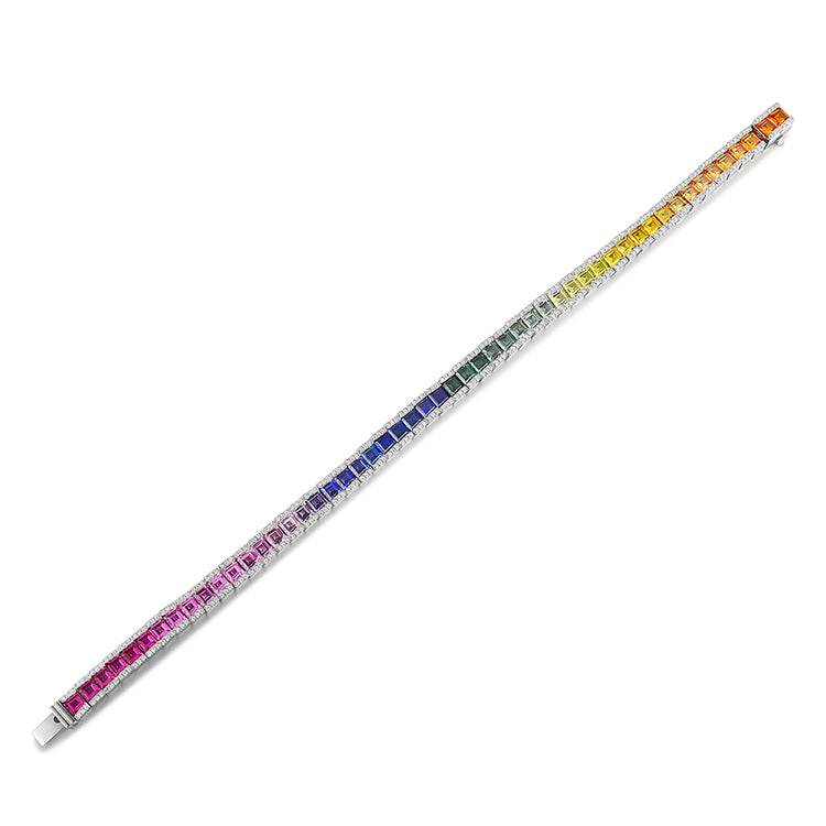 ANSTER JEWELRY Multi Color Rainbow Gemstone Tennis Platinum PT950 Lab Grown Bracelet