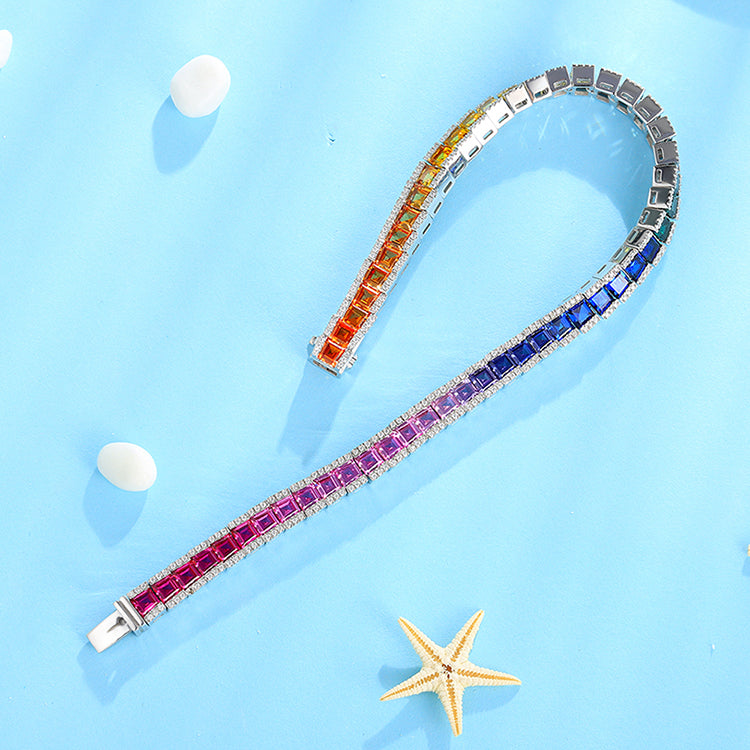 ANSTER JEWELRY Multi Color Rainbow Gemstone Tennis Platinum PT950 Lab Grown Bracelet