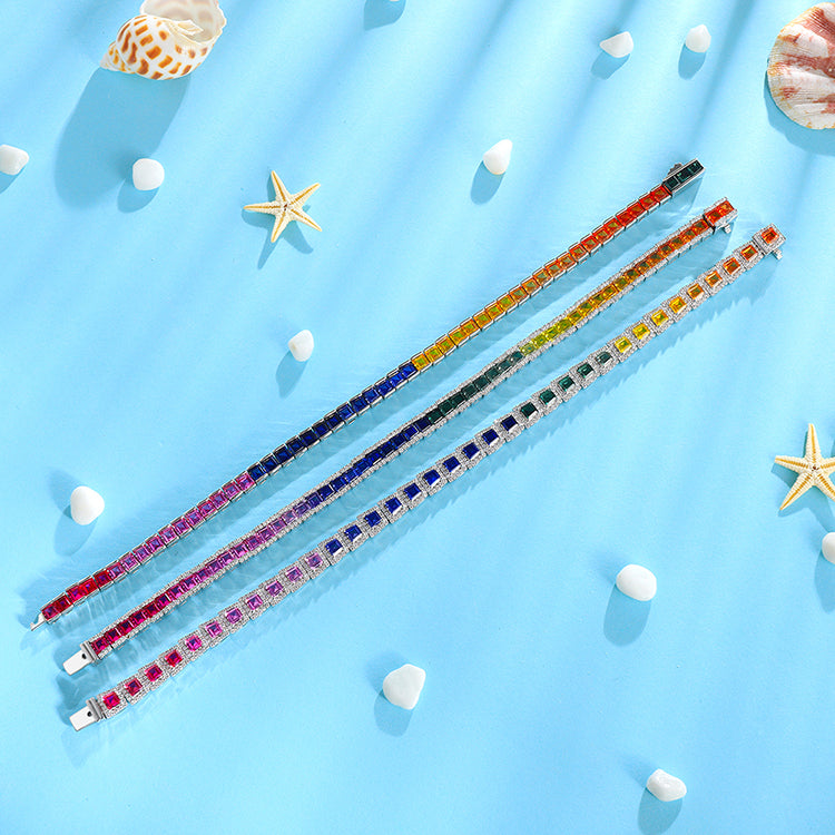 ANSTER JEWELRY Multi Color Rainbow Gemstone Tennis Platinum PT950 Lab Grown Bracelet