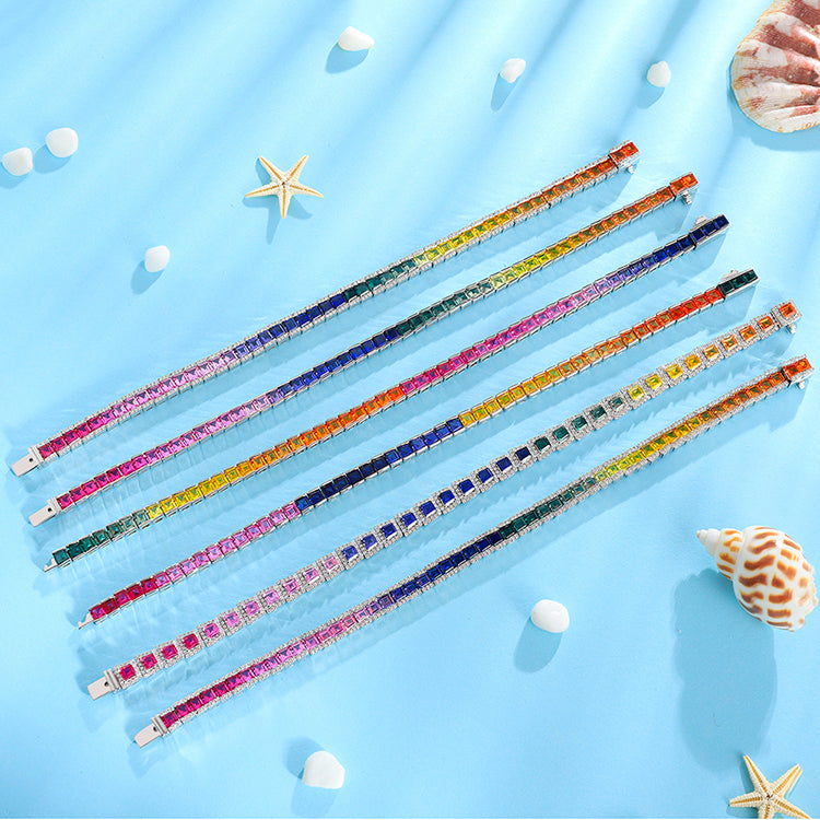 ANSTER JEWELRY Multi Color Rainbow Gemstone Tennis Platinum PT950 Lab Grown Bracelet