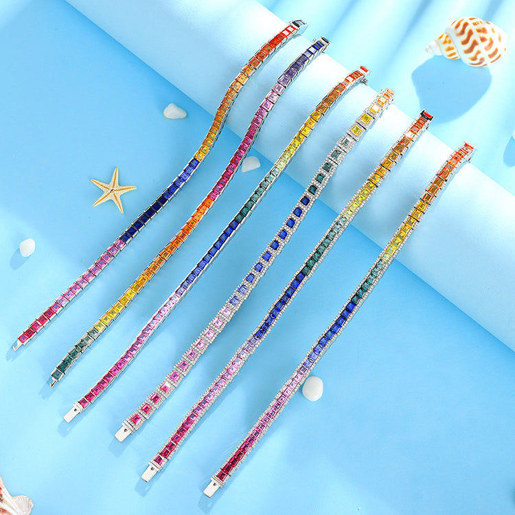 ANSTER JEWELRY Multi Color Rainbow Gemstone Tennis Platinum PT950 Lab Grown Bracelet