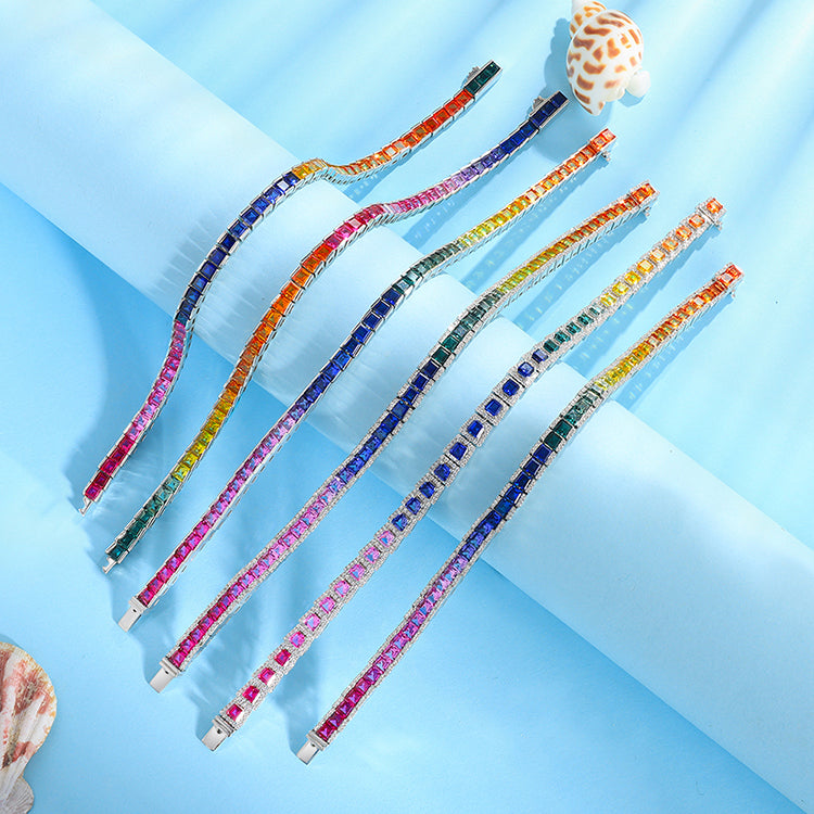 ANSTER JEWELRY Multi Color Rainbow Gemstone Tennis Platinum PT950 Lab Grown Bracelet
