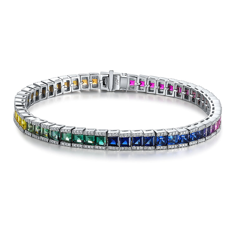 ANSTER JEWELRY Multi Color Rainbow Gemstone Tennis Platinum PT950 Lab Grown Bracelet