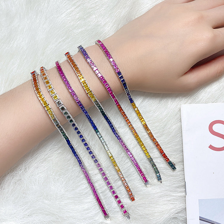 ANSTER JEWELRY Multi Color Rainbow Gemstone Tennis Platinum PT950 Lab Grown Bracelet
