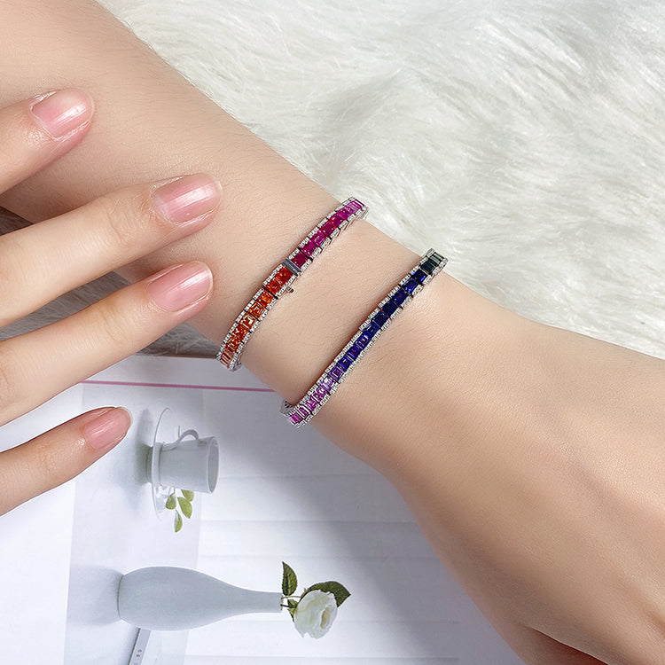 ANSTER JEWELRY Multi Color Rainbow Gemstone Tennis Platinum PT950 Lab Grown Bracelet