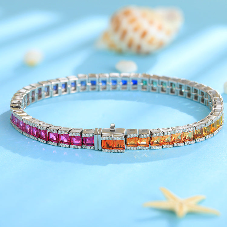 ANSTER JEWELRY Multi Color Rainbow Gemstone Tennis Platinum PT950 Lab Grown Bracelet