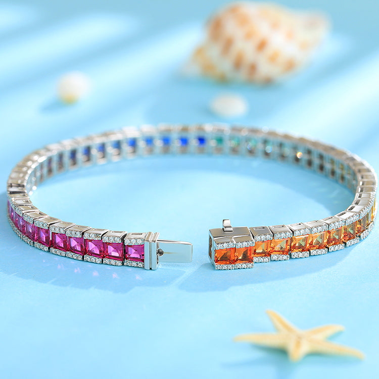 ANSTER JEWELRY Multi Color Rainbow Gemstone Tennis Platinum PT950 Lab Grown Bracelet