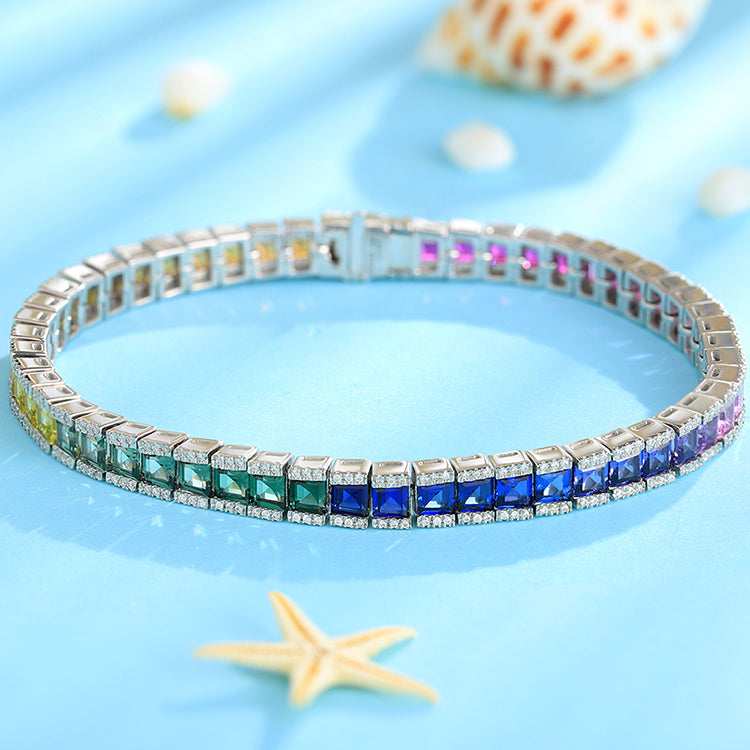 ANSTER JEWELRY Multi Color Rainbow Gemstone Tennis Platinum PT950 Lab Grown Bracelet