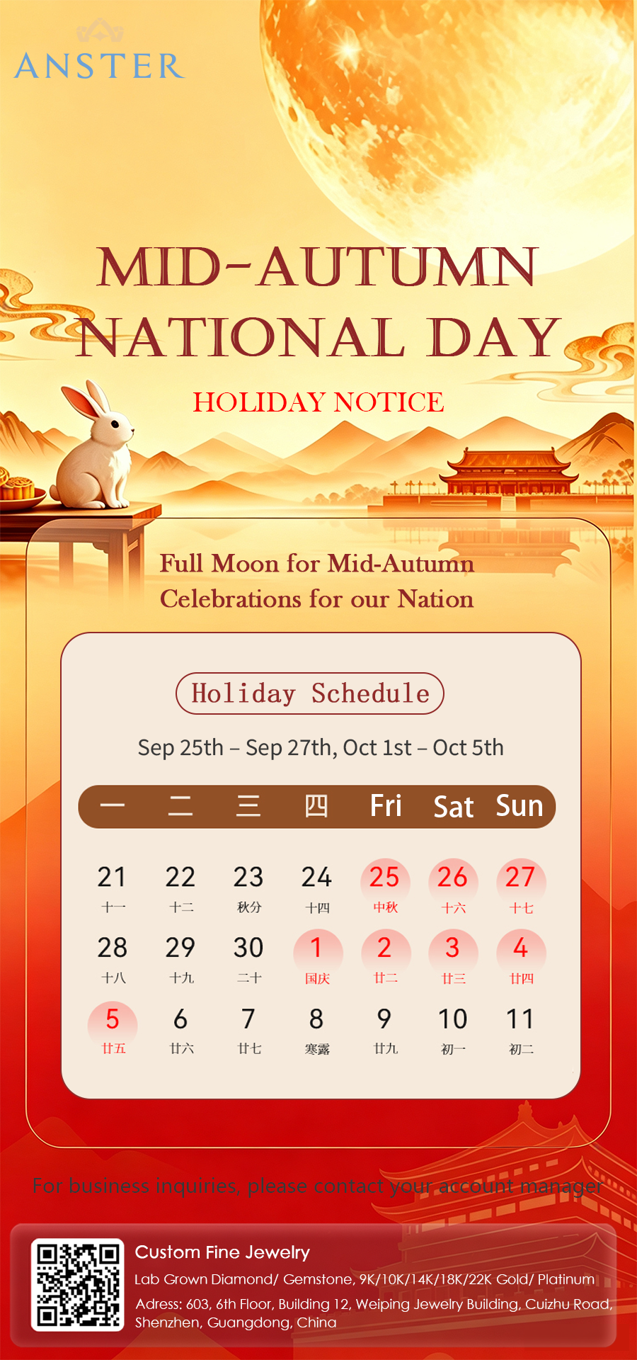 Mid-Autumn & National Day Holiday Notice | ANSTER Custom Fine Jewelry