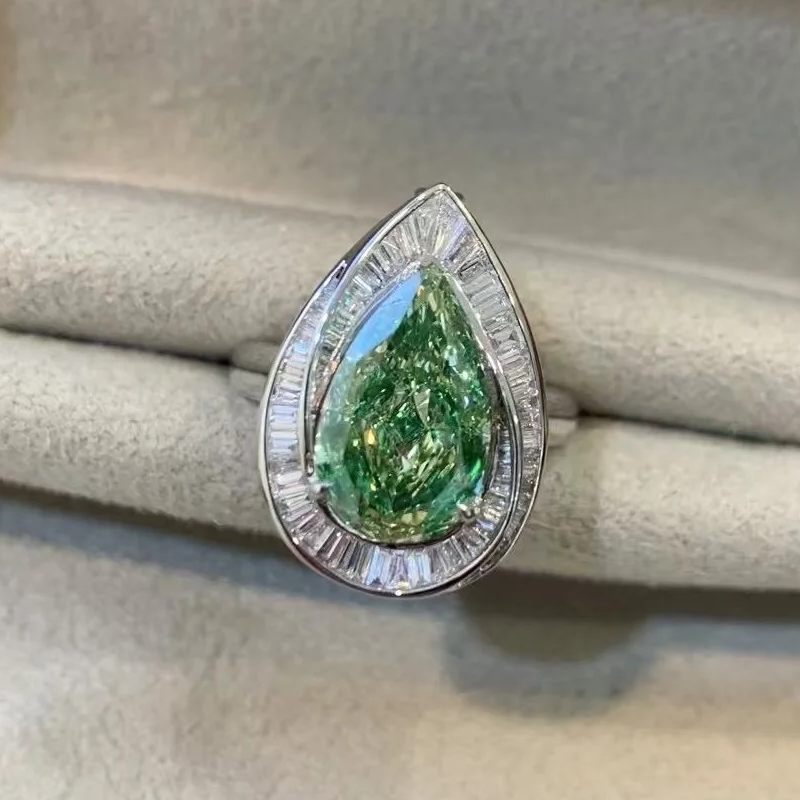 ANSTER Custom 6.53ct VS1 Pear cut Green Lab Grown Diamond Platinum Ring