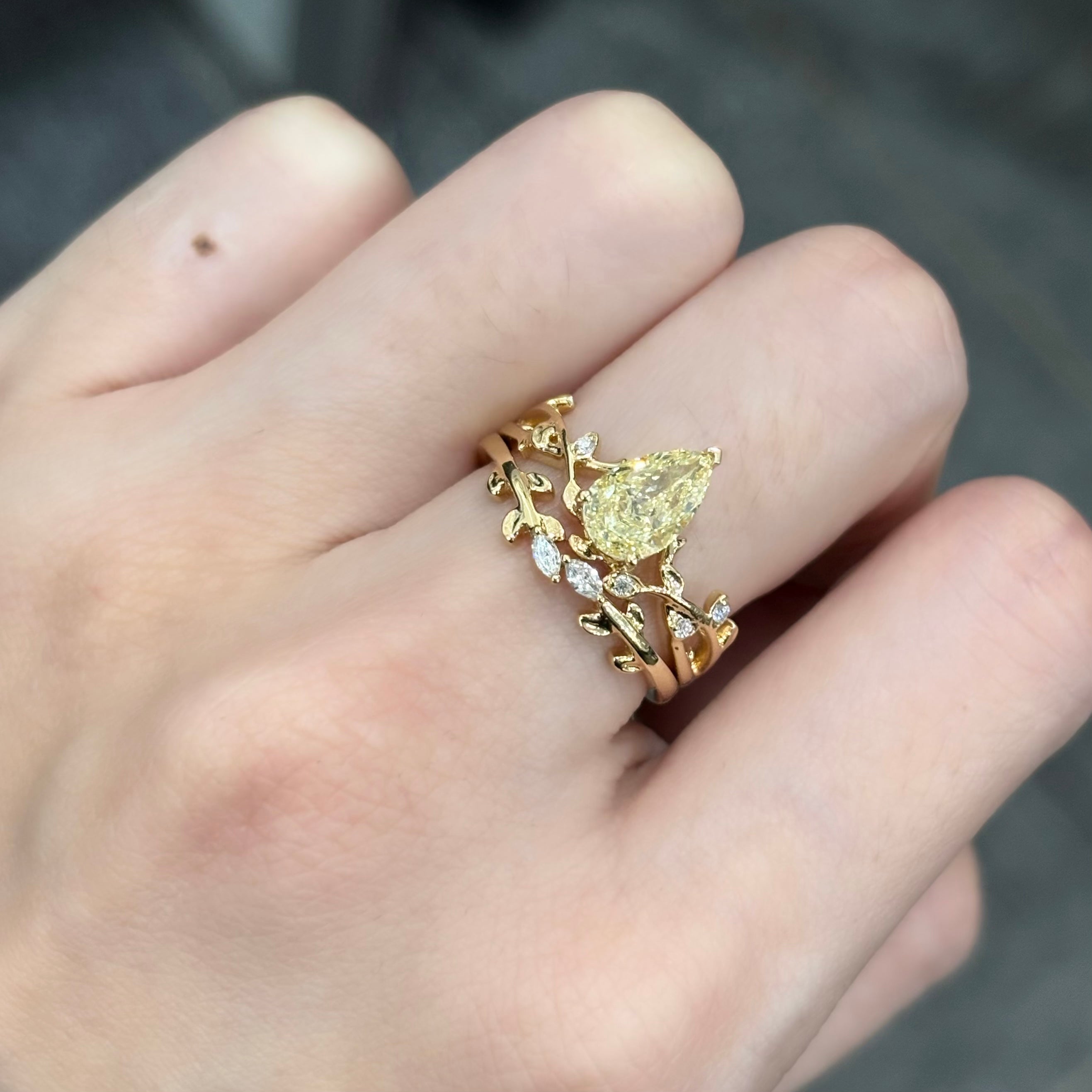 ANSTER Custom Pear cut Yellow Lab Diamond Ring 18K Gold Double Layer Ring sets