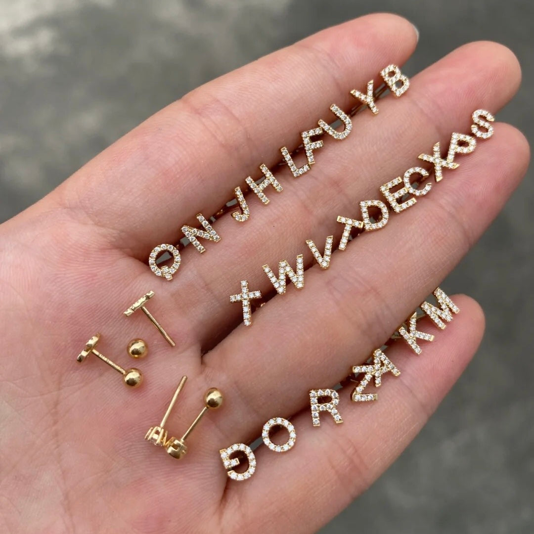 ANSTER Custom Fashion Jewelry 26 Initial Letter Stud Earrings 9K/10K/14K/18K Gold Jewelry