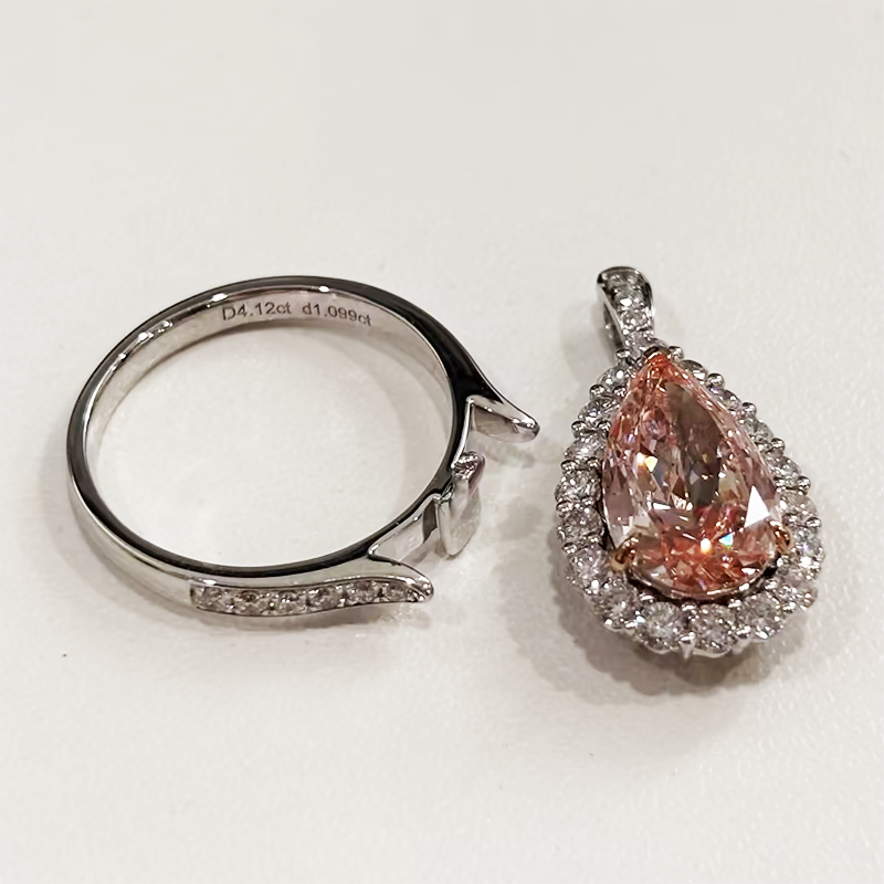ANSTER Wholesales Price Pear cut 2 in 1 Pink Lab Grown Diamond Pendant Gold Ring with IGI