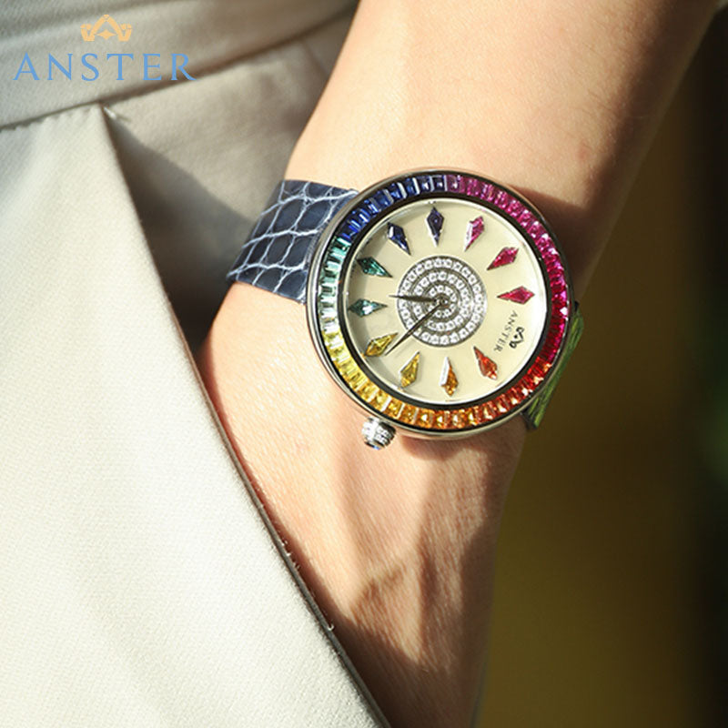 ANSTER Fine Jewelry 925 Silver Lab Grown Gemstone Rainbow Watch