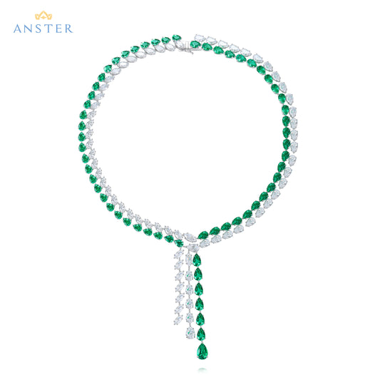 Colar ANSTER Fine Jewelry com esmeralda e pedra preciosa cultivada em laboratório em prata S925 
