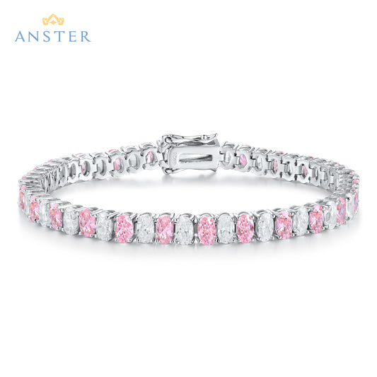 Pulseira de prata S925 personalizada com diamantes cultivados em laboratório rosa e corte oval ANSTER Jewelry 
