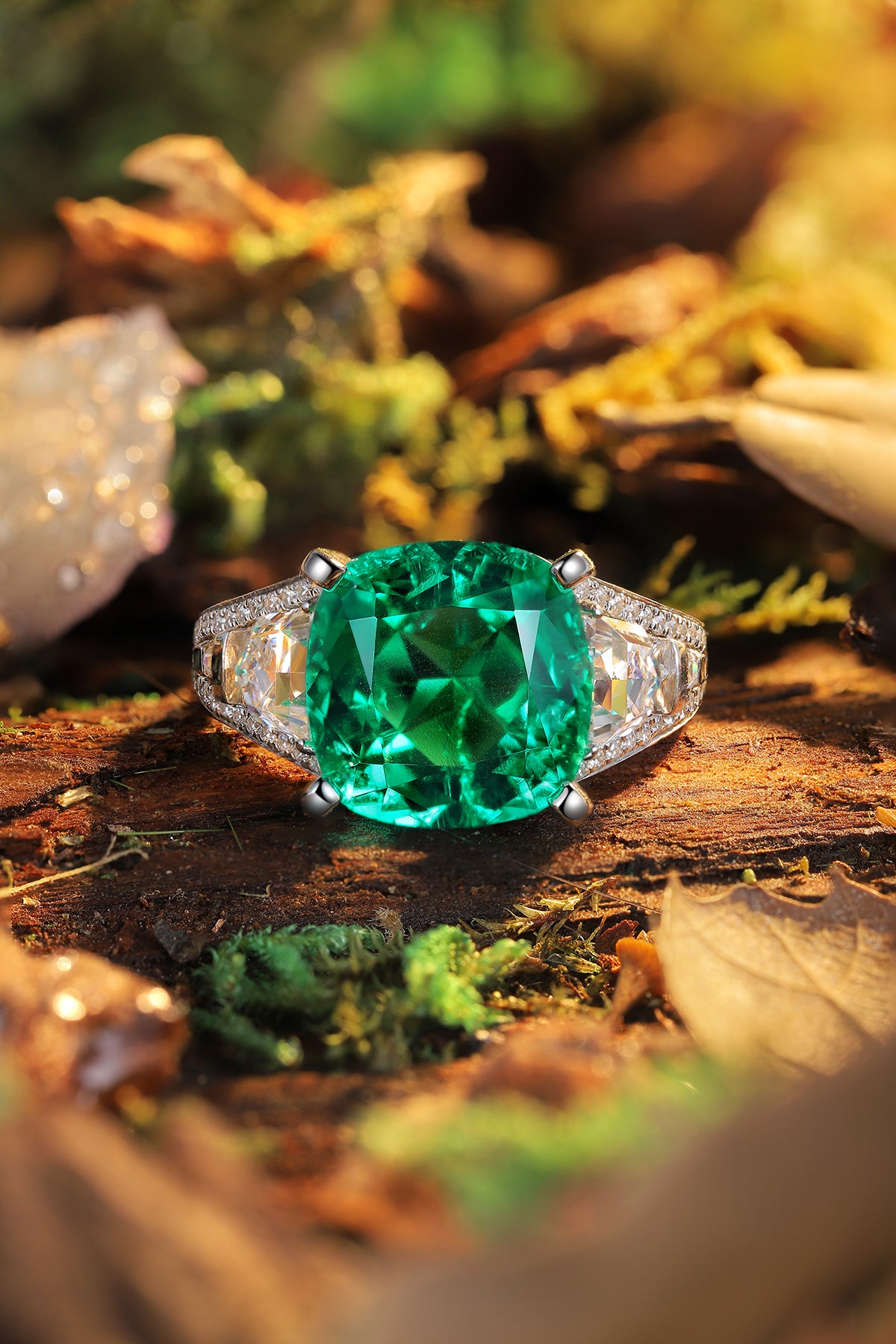 ANSTER JEWELRY 5.1 CTW Cushion Lab Grown Emerald 18K Gold Ring plated