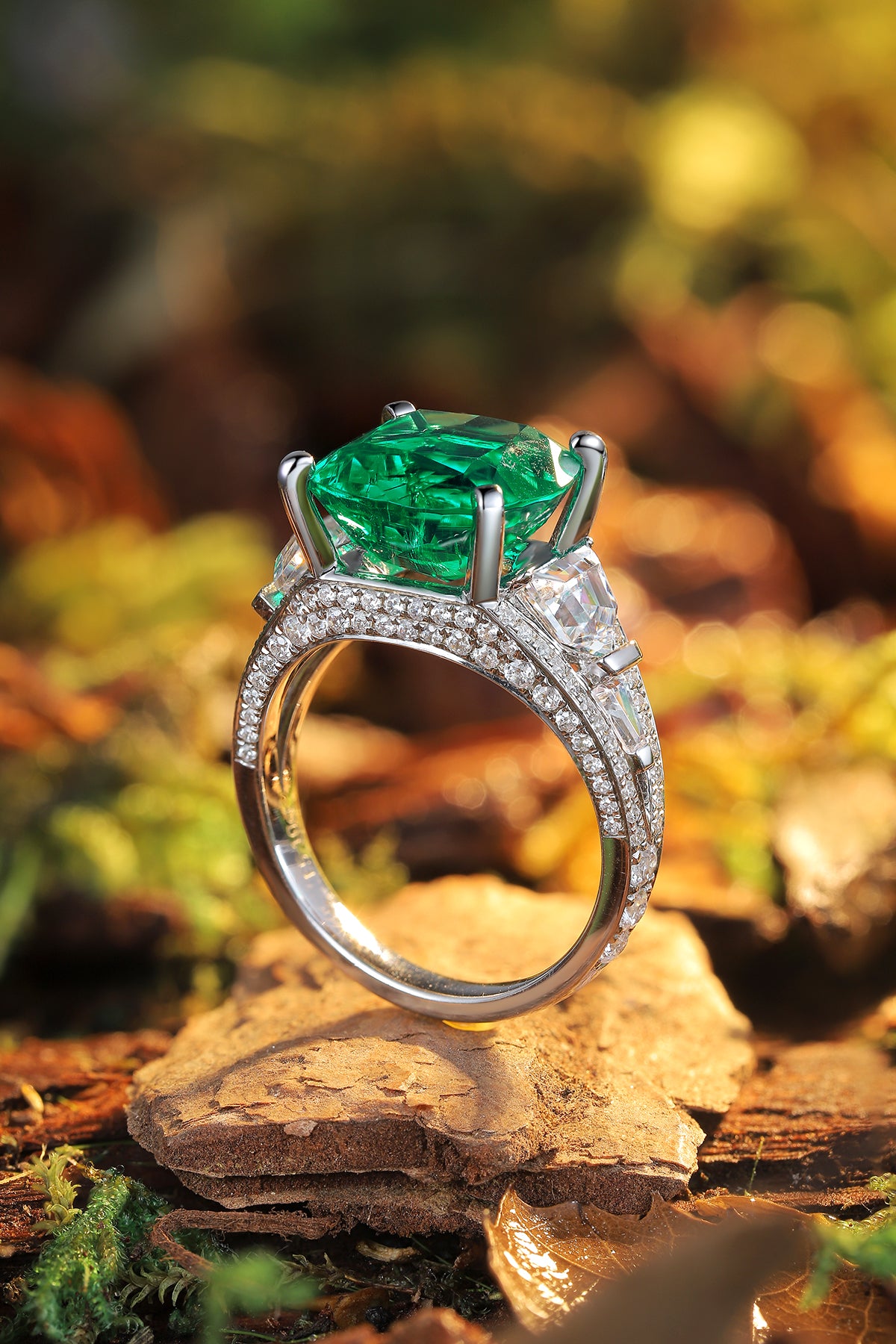 ANSTER JEWELRY 5.1 CTW Cushion Lab Grown Emerald 18K Gold Ring plated