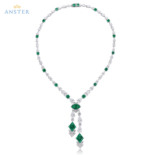 Conjunto de joias e colar de prata S925 com pedras preciosas cultivadas em laboratório ANSTER Emerald 