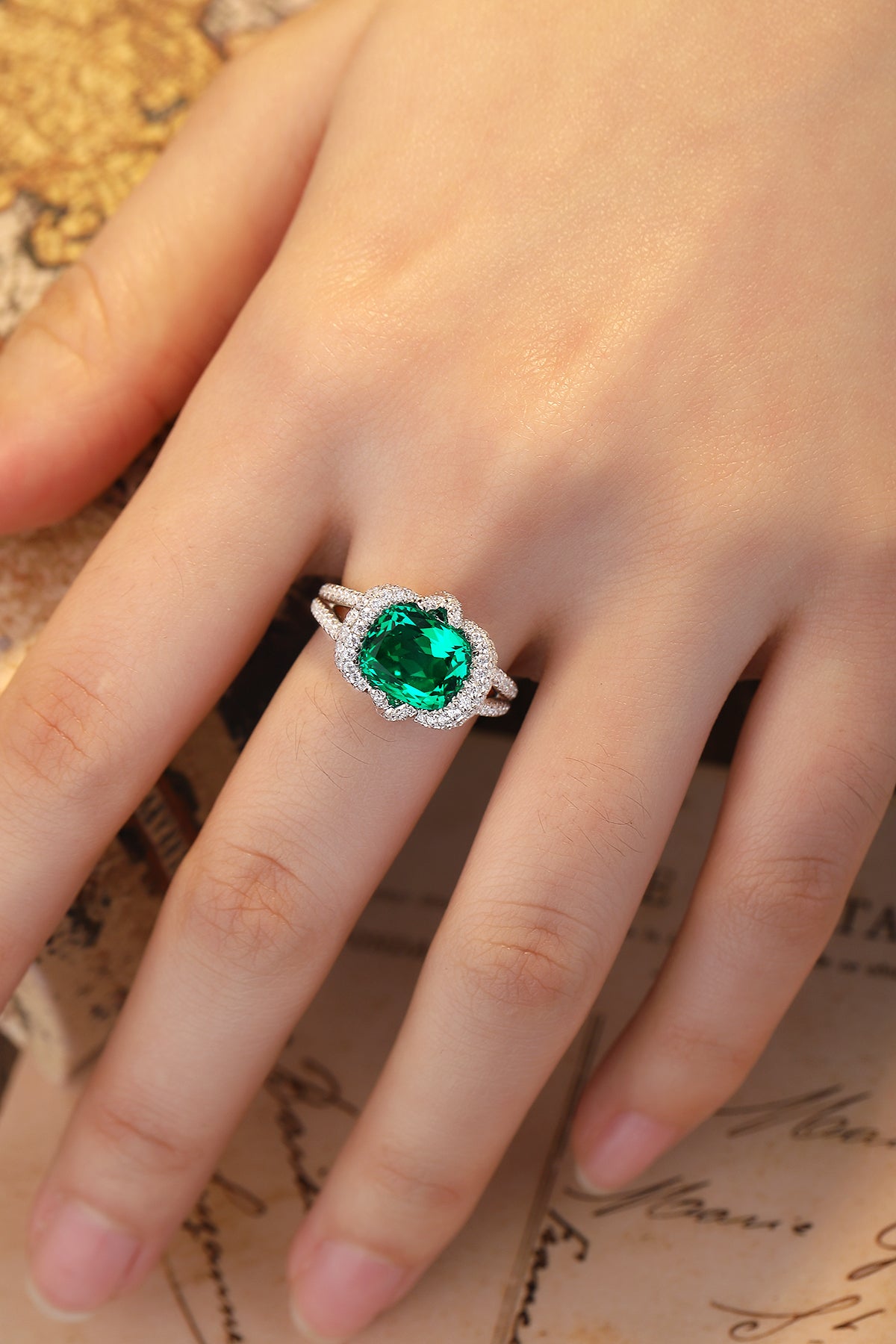 ANSTER JEWELRY 3 CTW Cushion Lab Grown Emerald 18K Gold Ring plated