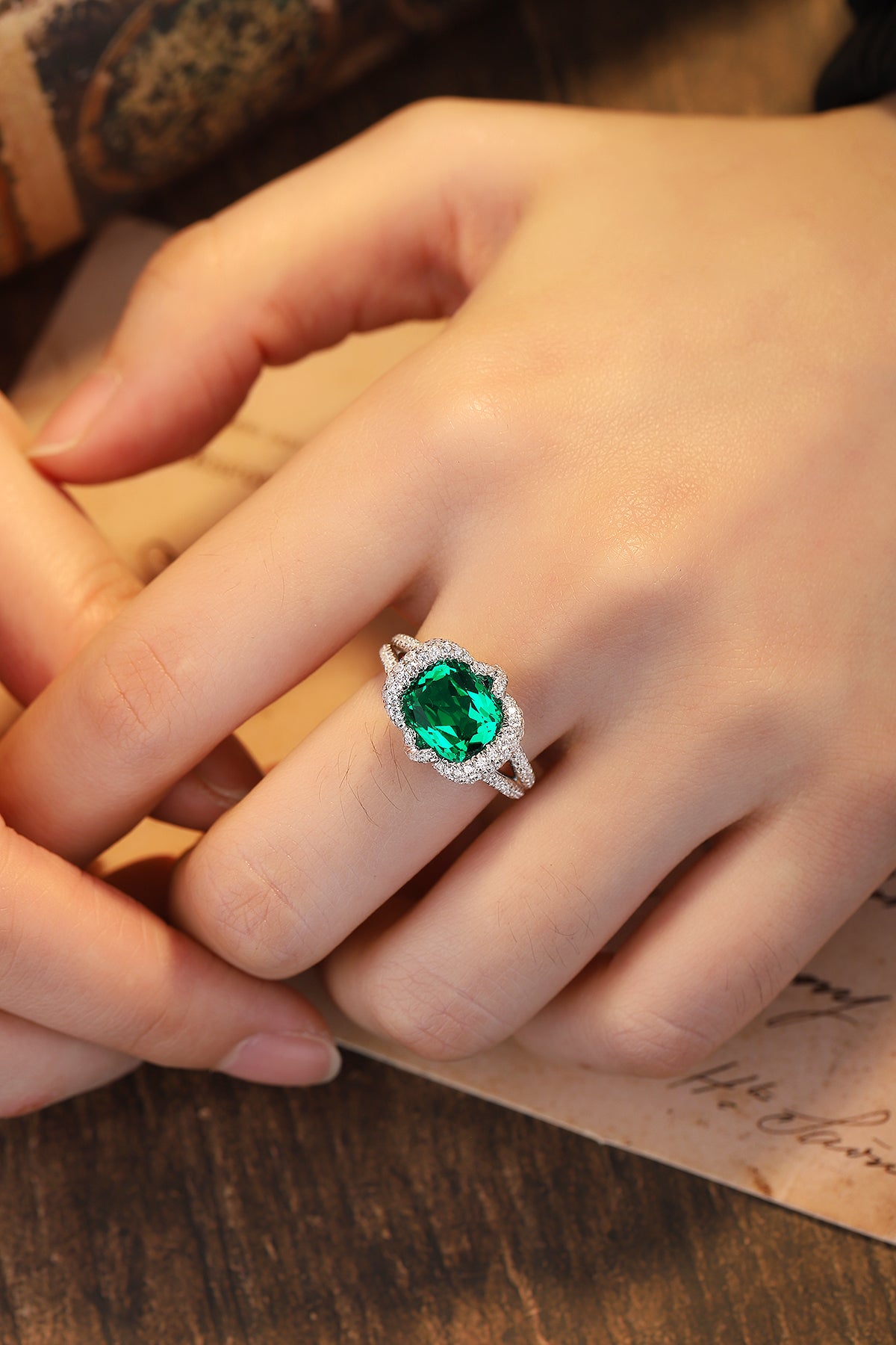 ANSTER JEWELRY 3 CTW Cushion Lab Grown Emerald 18K Gold Ring plated