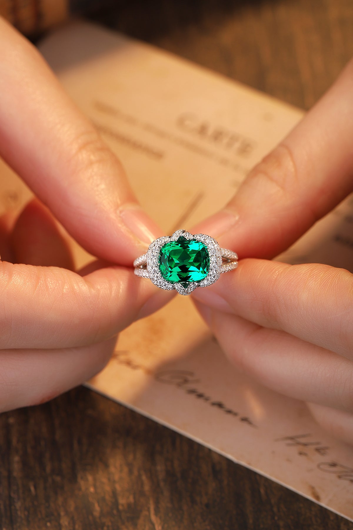 ANSTER JEWELRY 3 CTW Cushion Lab Grown Emerald 18K Gold Ring plated