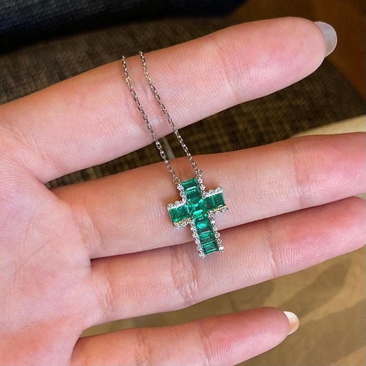 ANSTER Jewelry Custom Cross White Gold Jewelry Lab Grown Emerald Pendant Necklace with GRC